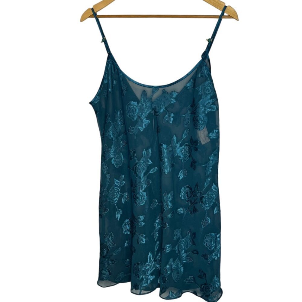 Vintage Angelique Women's L Satin Slip Dress Teal Blue Floral Chemise‎ Lingerie